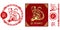 Set of Chinese characters zodiac elements, golden monkey. Traditional Chinese ornament in red circle. Zodiac animals collection.