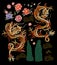 Set of Chinese traditional dragon, peonies and sakura. vector.