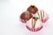 Set of chocolate bombs, marshmallow filling and white chocolate on white background