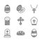 Set Christian cross, bread, Easter egg, Pope hat, Grave with tombstone, cake, chain and icon. Vector