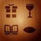 Set Christian fish, Gift box, Holy bible book and Wine glass on wooden background. Vector