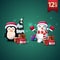 Set of Christmas 3D icons, penguin in Santa Claus hat with presents and snowman in Santa Claus hat with gifts