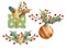 Set of christmas arrangements with ball, gift, leaves, pine, berries and star.