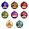 Set of christmas ball. Funny Cartoon Puppy in the hat of Santa in Different Poses. New Year Puppy.