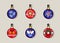 Set of Christmas balls icons. Red and blue shiny balls decorated with the symbols of the New Year and Christmas. Snow covered