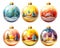 Set of Christmas balls with winter landscapes. Isolated clipart. Generative AI