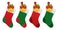 Set of Christmas boots stocking with gifts. Christmas stockings with gifts isolated on white background.
