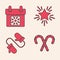 Set Christmas candy cane with stripes, Calendar, Christmas star and Pair of knitted christmas mittens icon. Vector