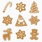 Set of Christmas cookies. There are stars, Santa Claus, Christmas tree, a deer and a gingerbread bear