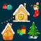 Set of Christmas decorated houses, gifts, Christmas trees and garlands