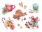 Set of Christmas decorations of gift with candy, red cup with branch, cinnamon, gingerbread and various elements of the new year a