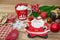 Set of Christmas decorations a plate in the form of Santa, a sock for gifts, a mug with marshmallows, a branch of spruce and gifts