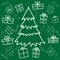 Set of christmas elements, balls, gifts, tree, candy. Linear style, white line on a dark green background. A big Christmas tree in