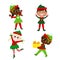 Set Christmas elves. Christmas collection multicultural boys and girls in traditional elf costumes. They dance, smile.