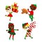Set Christmas elves. Multicultural boys and girls in traditional elf costumes. They dance, smile, bring gifts.