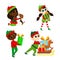 Set Christmas elves. Multicultural boys and girls in traditional elf costumes. Santa\\\'s helpers are happy.