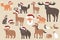 Set of Christmas forest animals in Santa hats, Santa Claus happy face. Cartoon isolated vector fox, wolf, bear, bear cub, elk,