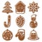 Set of christmas gingerbread decorated cookies. Christmas tree, snowflakes, gifts. Winter holidays