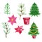 Set of Christmas green trees and red poinsettia flowers with decorative pot, hand drawn watercolor illustration