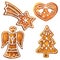 Set of christmas homemade gingerbread cookies, xmas tree, star, angel, heart with jingle bell, isolated, hand drawn
