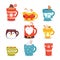 Set of Christmas Mugs with Hot Drinks. Winter Cups with Beverages and Decoration for Wintertime Season Holidays Icons