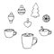 Set of Christmas and New Year cliparts, vector illustration, Christmas toys and hot chocolate, hand drawing