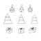 Set of Christmas and New Year cliparts, vector illustration, gift boxes, Christmas trees and Christmas toys, hand drawing