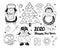 Set of Christmas and new year items and characters. Cute cartoon penguins, Christmas tree, garland, stars, gift, Christmas ball.