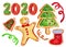 Set of Christmas and new year watercolor winter icons. Gingerbread man, Christmas tree, bell, boot, serpentine, logo 2020, numbers