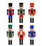 A set of Christmas Nutcrackers in a red, blue, green suit with a sword