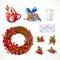 Set of Christmas objects cup with whipped cream, letter, Christmas wreath with red berries, milk and cookies