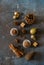 Set of Christmas ornaments, sweets and cones on grunge stone bac