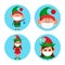 Set of Christmas pandemic stickers. elf boy and elf girl in medical protective masks