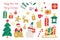 Set with Christmas presents, gingerbread, drinks, gift boxes, snowman, Santa and fir-tree vector