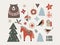 Set of Christmas Scandinavian animals and natural elements. Dala horse, finch birds, bearChristmas ornametns, tree and