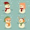 Set of christmas snowmans in scarf and hat flat style