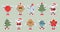 Set of Christmas stickers, Groovy retro characters. Christmas holiday icons in cartoon style. Vector