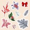 Set of Christmas stickers. Symbols of the holiday. Cartoon images of a flowers, berry, christmas tree.