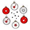 Set of Christmas tree decorative pendants, balls, toys. Doodle style design elements.