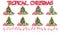 Set of christmas tree made of tropical leaves monstera, avocado, flamingos in Santa Claus hats, gifts under the Christmas tree,