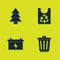 Set Christmas tree, Trash can, Car battery and Plastic bag with recycle icon. Vector