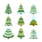 Set of Christmas trees. Winter firs and pines in snow in different styles