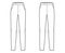 Set of cigarette Pants technical fashion illustration with extended normal waist, high rise, full length, slant pockets