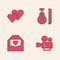 Set Cinema camera, Heart, Violin and Envelope with Valentine heart icon. Vector