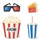 Set of cinematography elements - 3d glasses, tickets, popcorn and soda