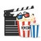 Set of cinematography elements - clapperboard, popcorn, soda and 3d glasses