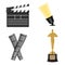 Set of cinematography elements - spotlight, clapperboard, film tape and trophy award