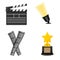 Set of cinematography elements - spotlight, clapperboard, film tape and trophy award