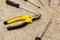 Set circle hand tools pliers screwdriver focus on foreground background close-up background base repairs
