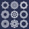 Set of circular patterns in Asian intersecting lines style. Nine white eight pointed mandalas in snowflakes form